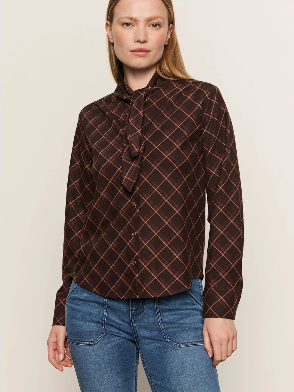 Sanctuary Brown Plaid Tie-Neck Button Down Blouse